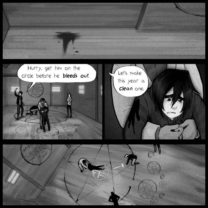 BG in the last panel was made from perspective-warping another image I did of that floor and then tracing over it to save time, but I think the perspective is a little wonky if you look closely.